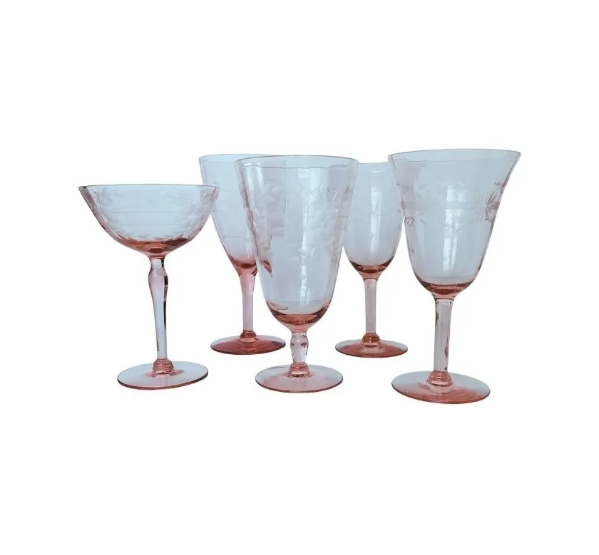 Pink Vintage Etched Wine Glass/Various