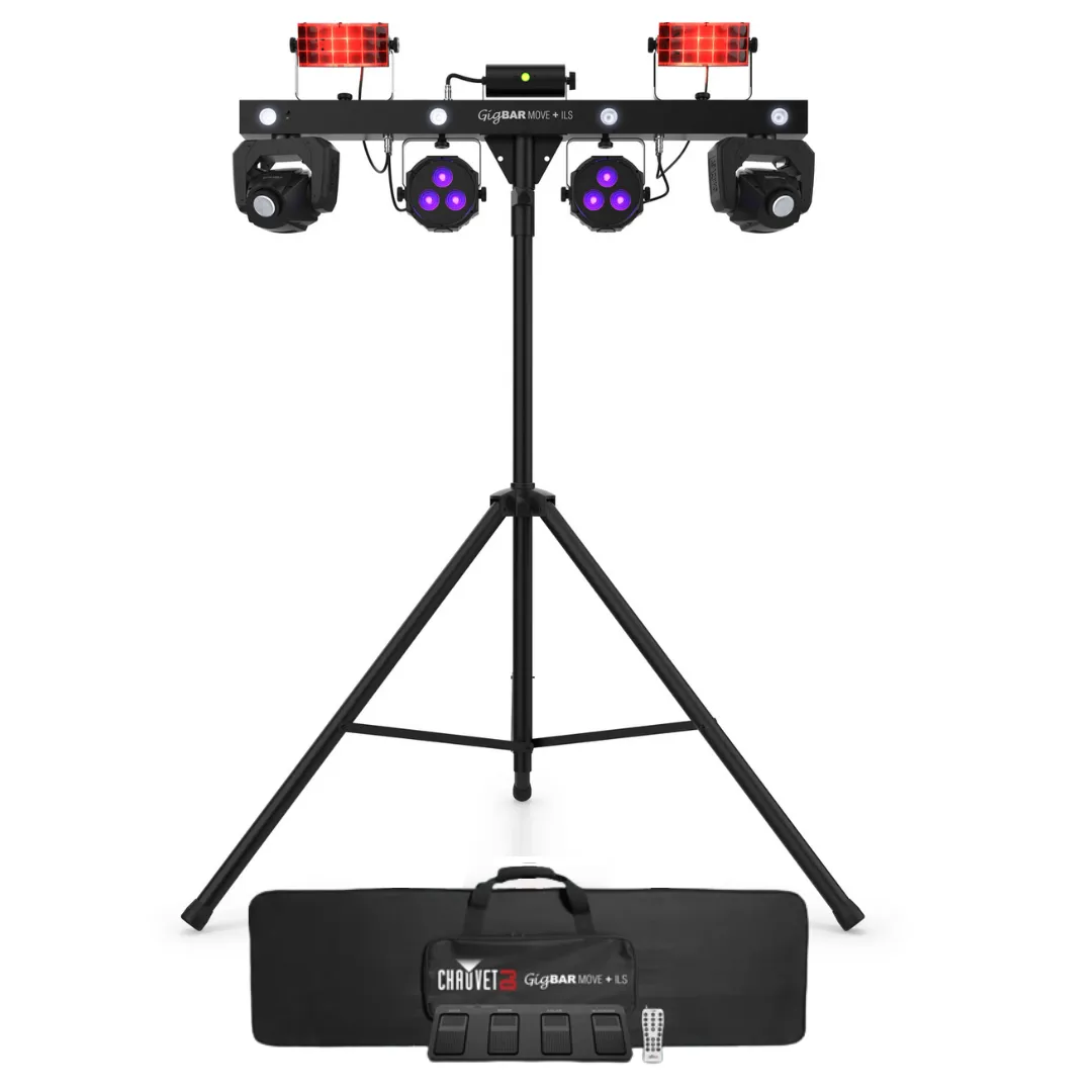 GIGBARMOVE ILS BARRE Pack 2 lyres 32w + 2 projecteurs led + 2 derbys multi faisceaux + strobe + laser + télécommande