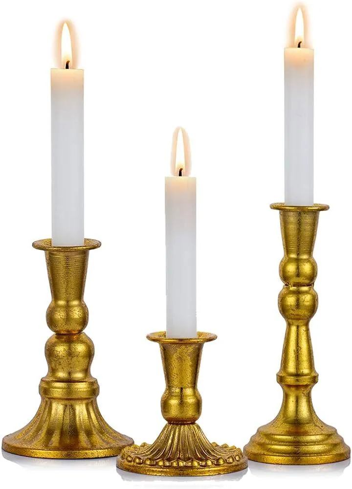 Distressed Gold Taper Candle Holder Set