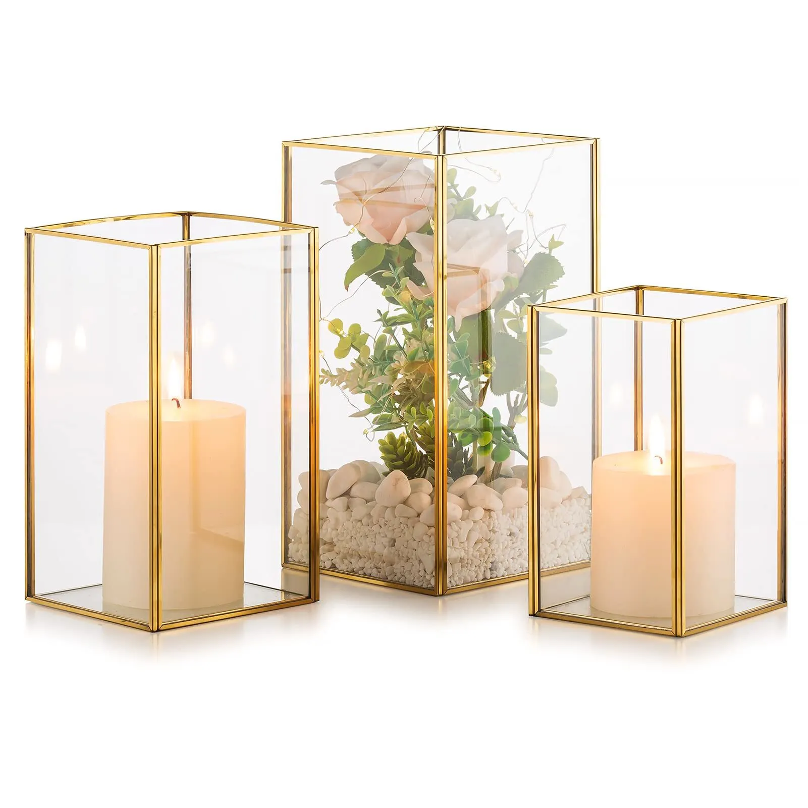 Gold Glass Hurricane Candle Holder Set