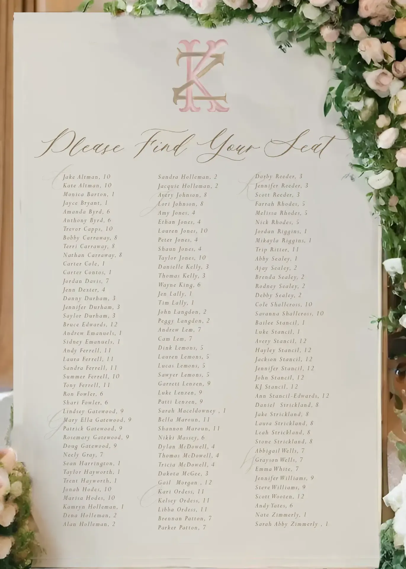 Wood 4x8 Wall Seating Chart