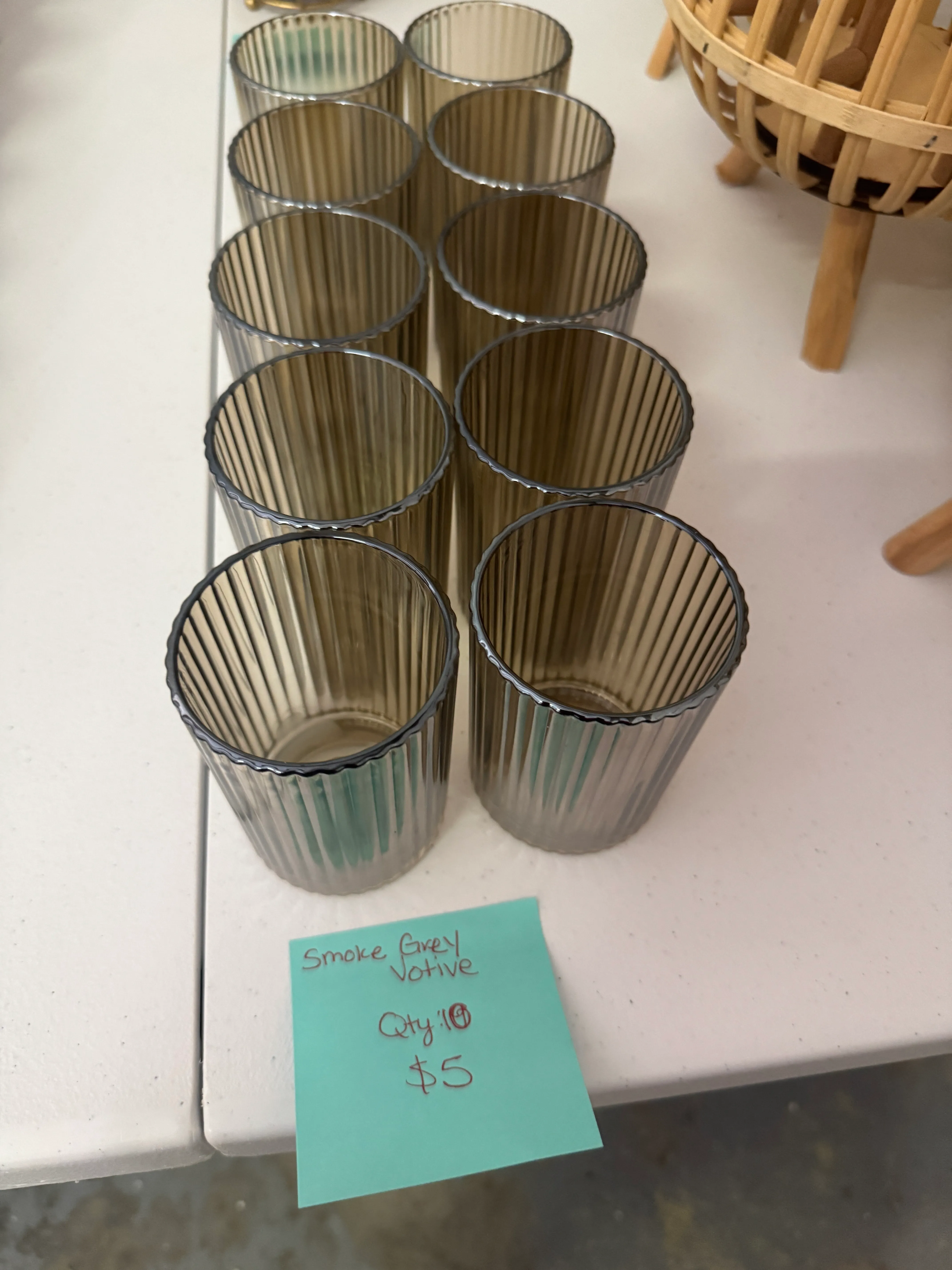 Smoked Grey Ribbed Votive Holder