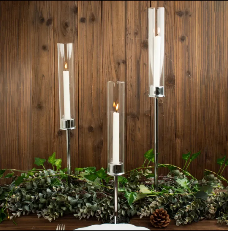 Tall Silver Metal Clear Glass Taper Candlestick Holders