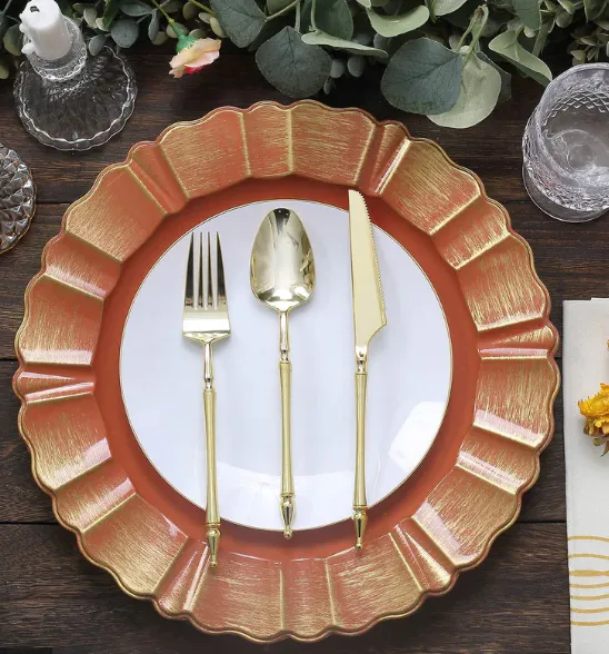 Terracotta Acrylic Charger With Gold Brushed Wavy Scalloped Rim