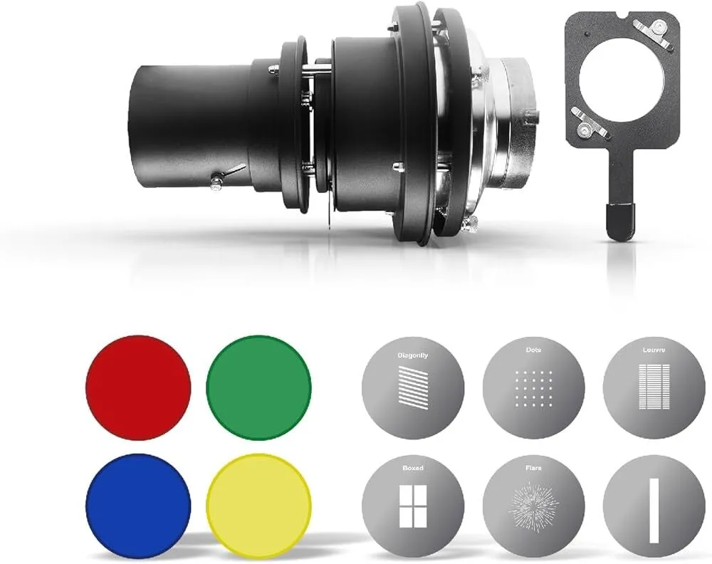 Digitek® (DS 230) Bowens Mount Optical Snoot Kit for Studio Light Flash, Accessories with 6x Gobos & 4x Color Gels (Red/Yellow/Green/Blue),