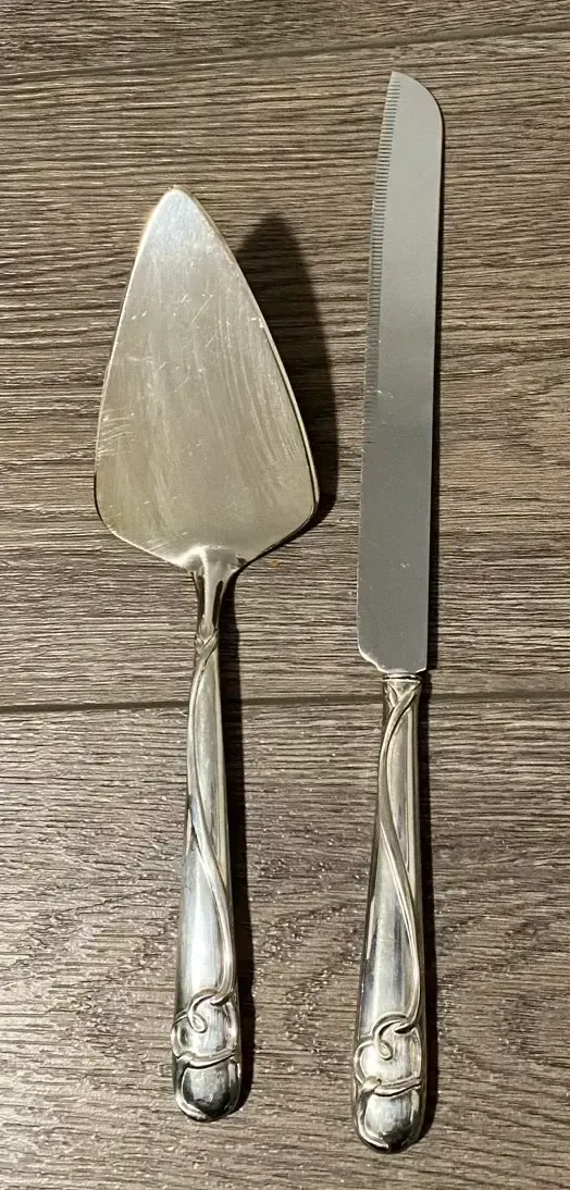 Cake knife and server set- silver with hearts