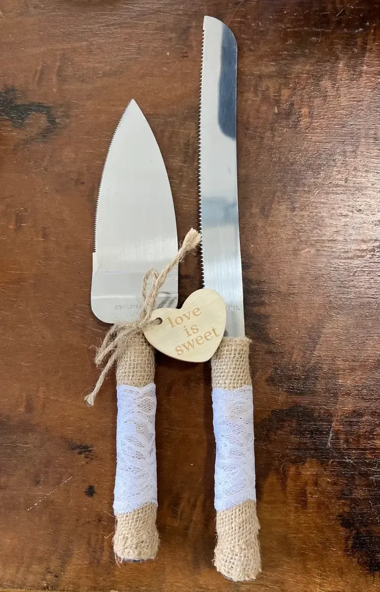 Cake knife and server set- Burlap and lace