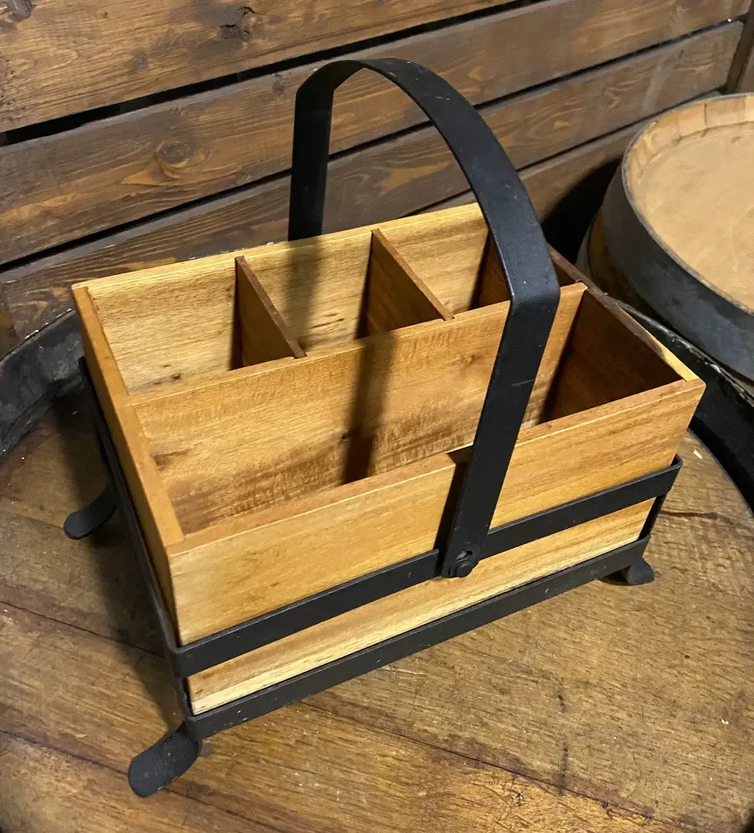 Wooden utensil caddy with black metal handle