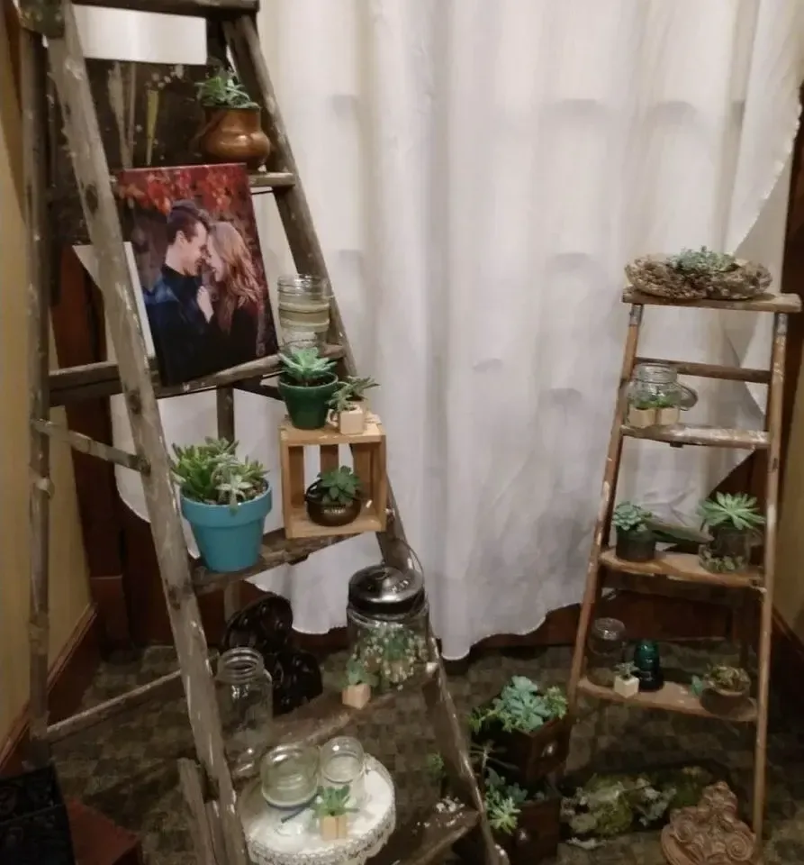 Vintage rustic tall wooden ladder