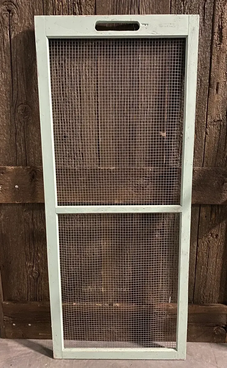 Vintage wood screen door photo display
