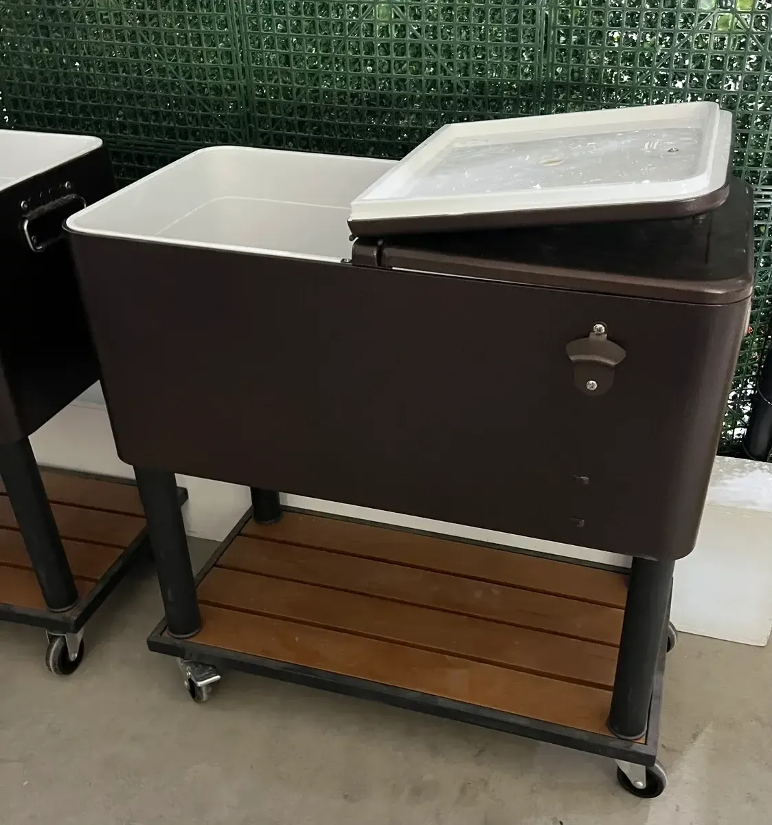 Standing cooler dark brown wheeled