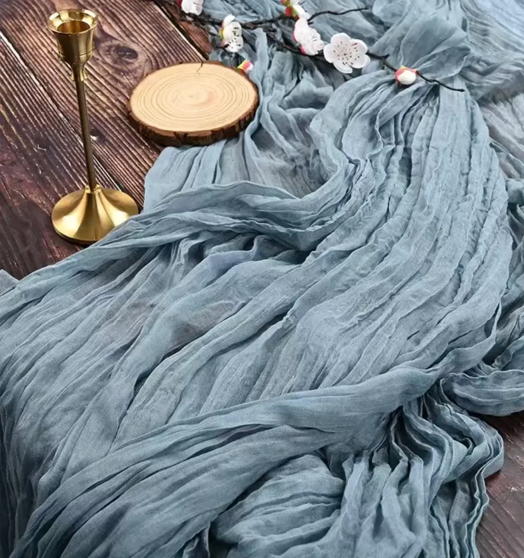 Dusty blue gauze table runner