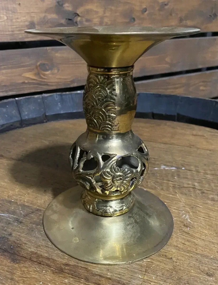Brass candleholder with cutout center 6.5” tall