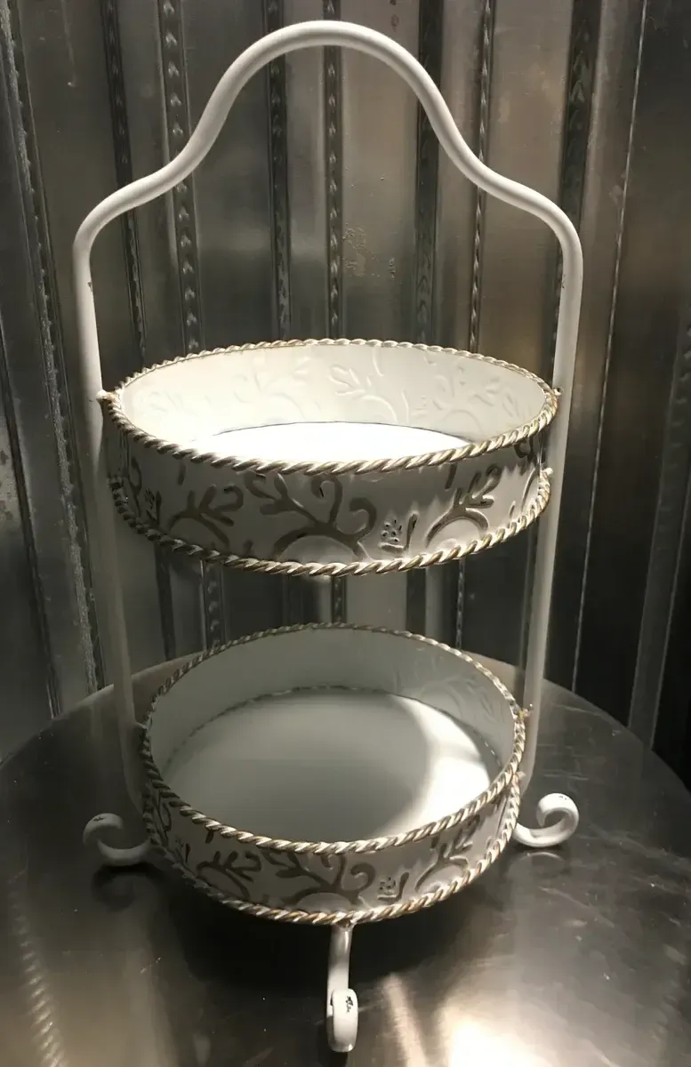 Scroll white metal round serving tray - 2 tier