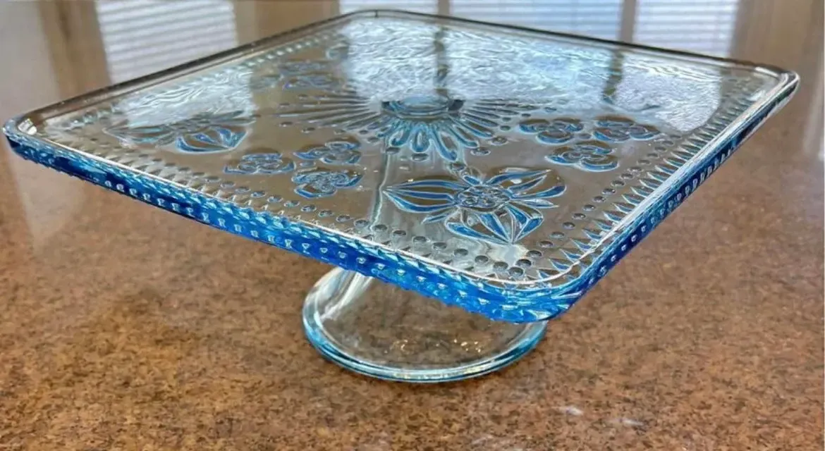 Blue glass vintage square cake pedestal plate