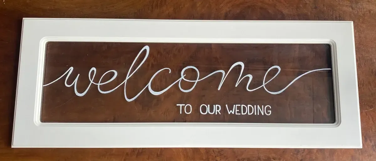 Welcome to our wedding white glass sign