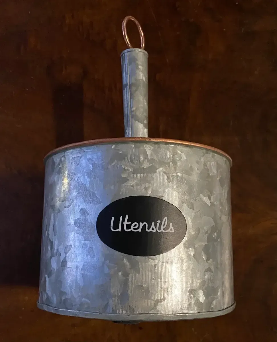 Galvanized metal utensil caddy