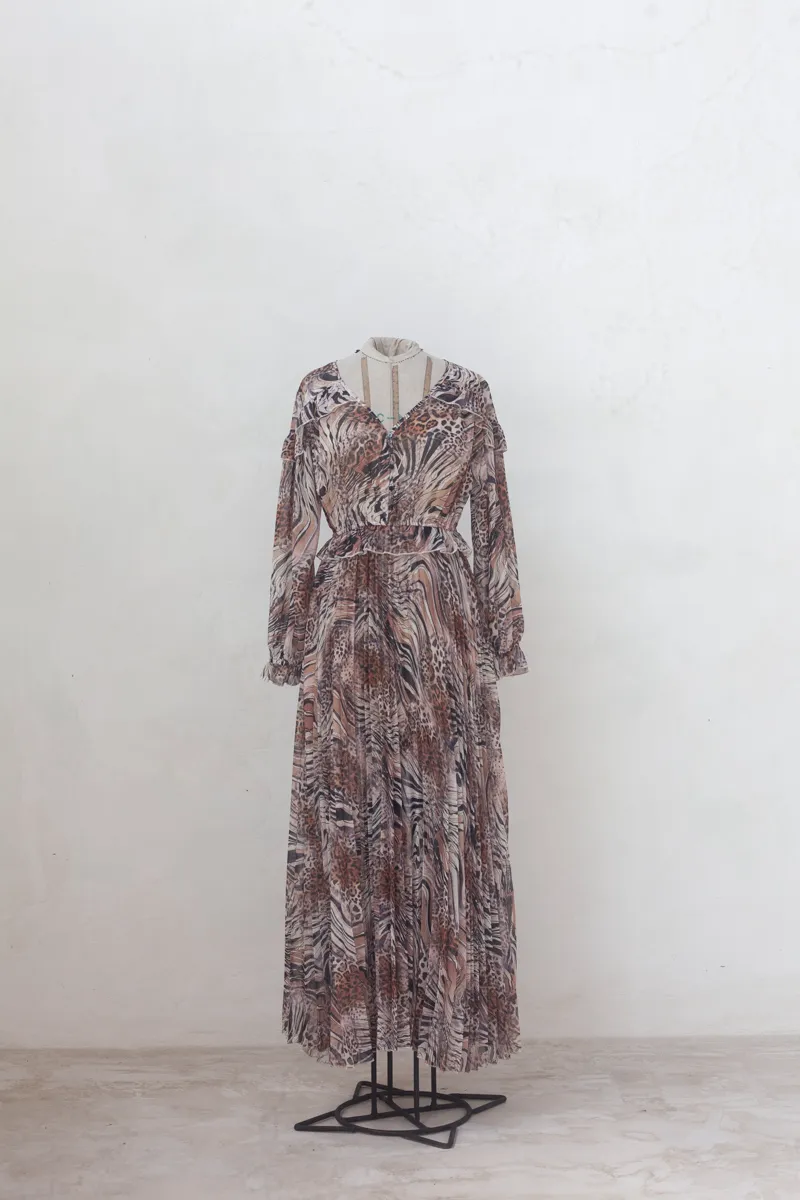 Pleated Maxi Dress with Animal Print