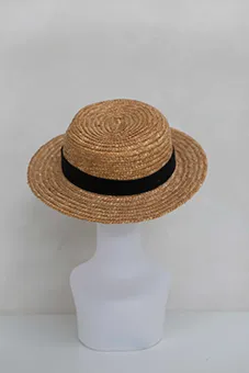Straw Boater Style Hat with Black Ribbon