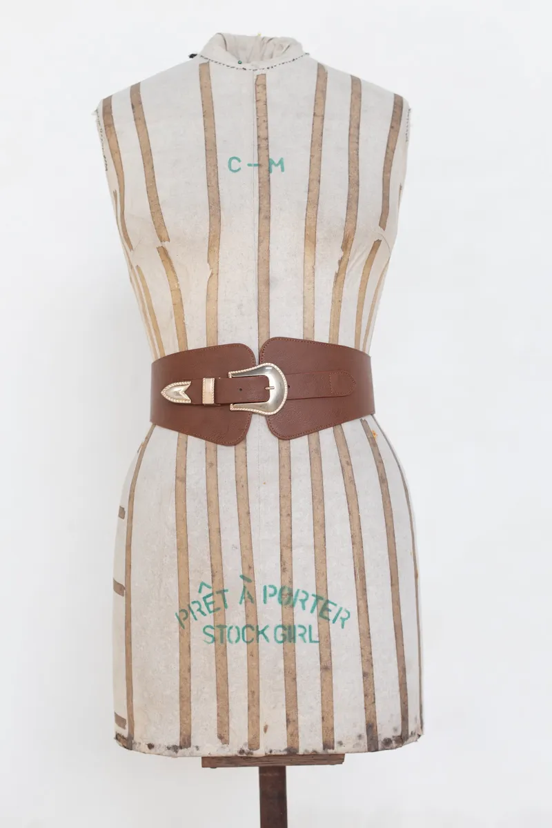 Brown Leather Stretchback Belt with Gold Buckle