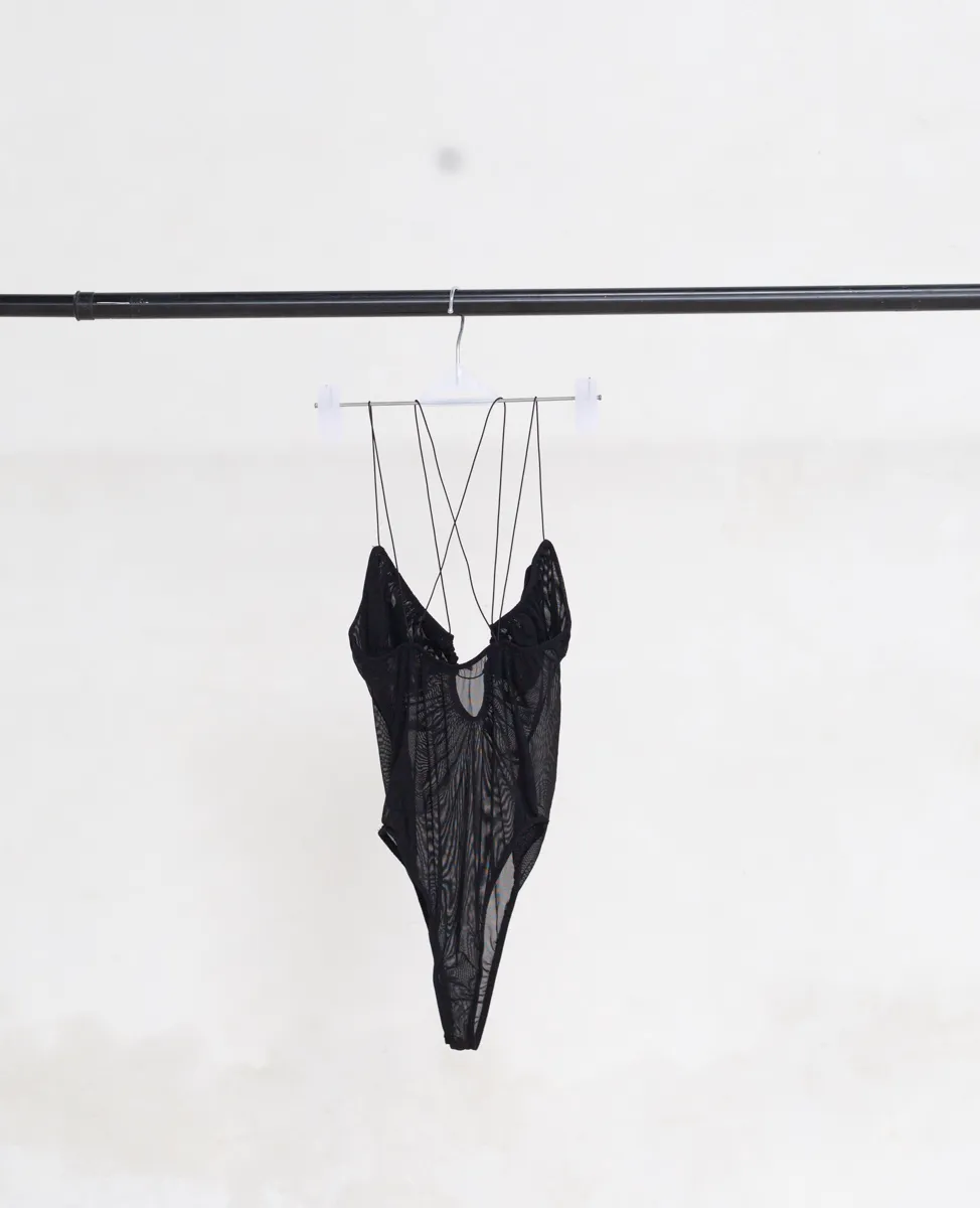 Sheer Black Bodysuit with Criss-Cross Back Straps