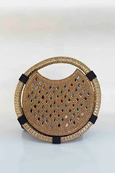 Gold Circle Shaped Hand Bag with Bead Inserts