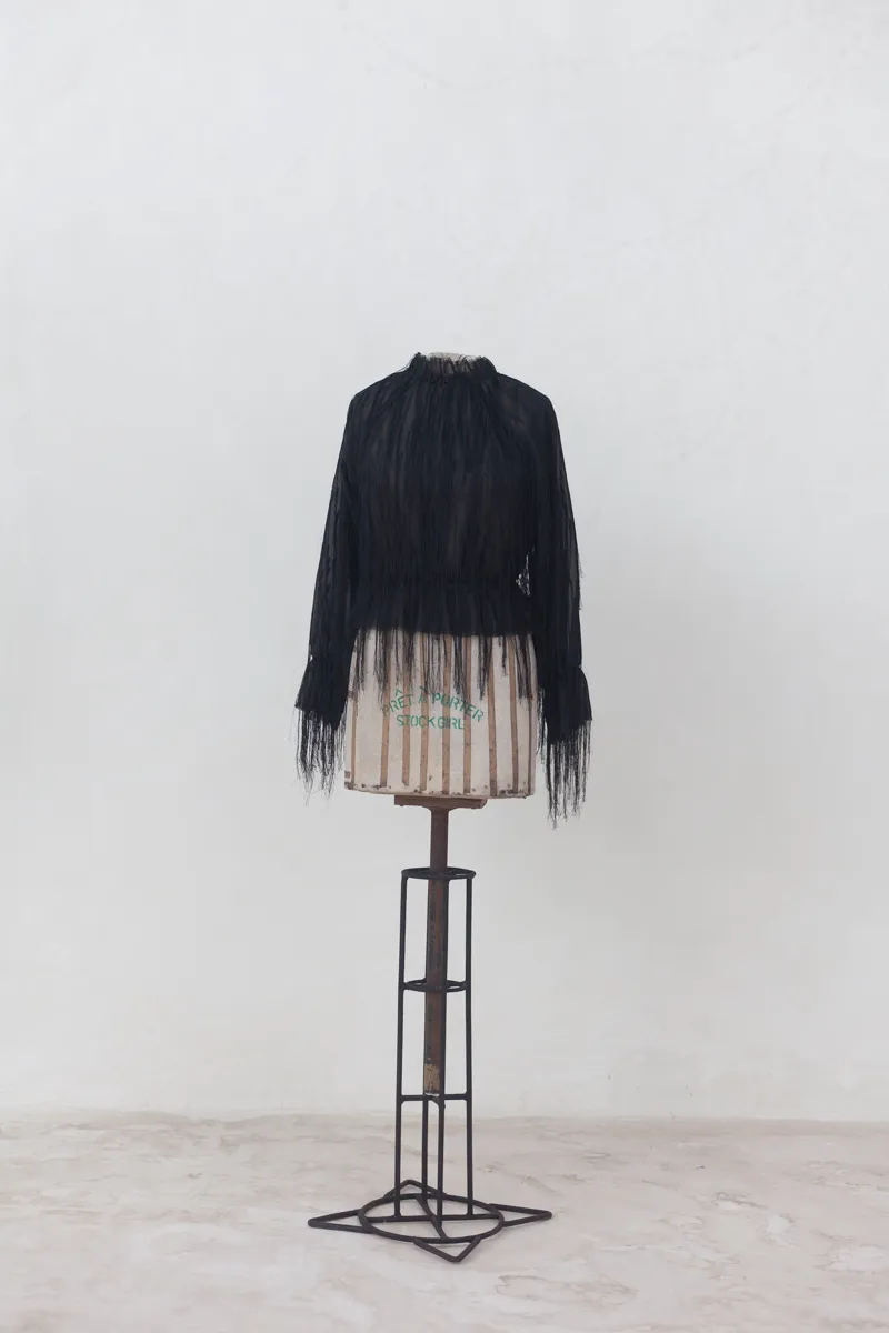  Black Top with Shredded Fabric Details