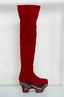 Red Thigh High Boots with Carved Platform Heels