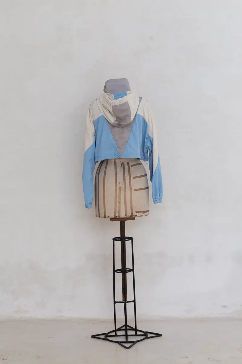 Grey, White and Blue Cropped Windbreaker Jacket