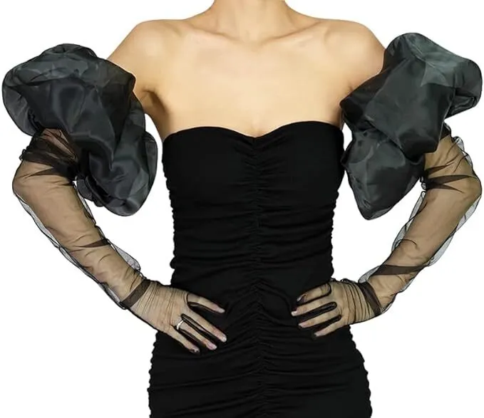 Sheer Long Black Gloves with Puff Sleeves 