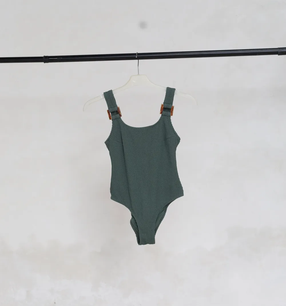 Sage Green Swimsuit with Brown Buckle Straps