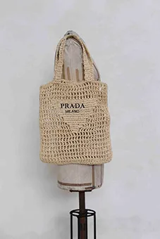 Raffia Tote Bag with Prada Logo