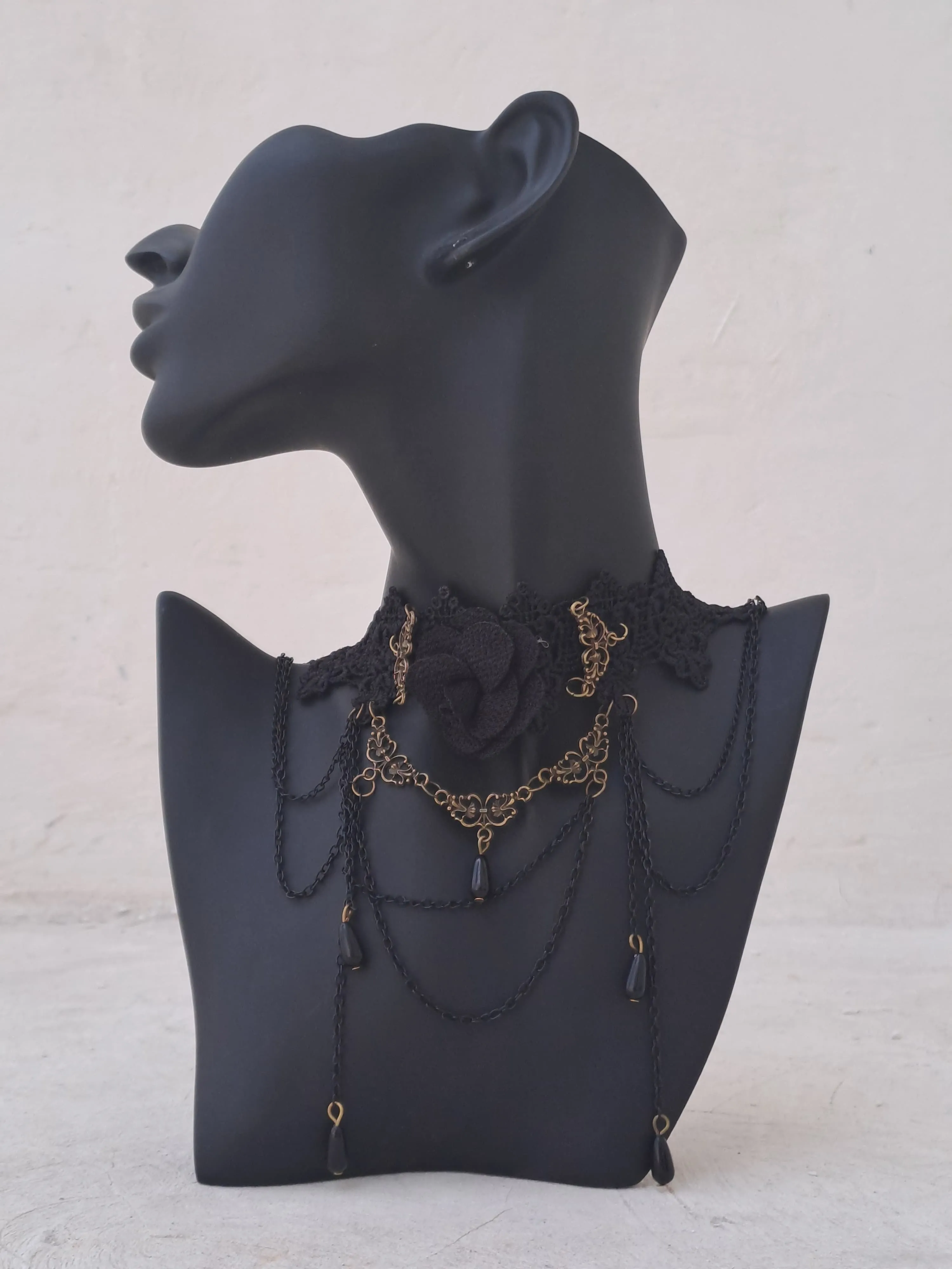 Black Victorian Lace Choker with Black Rose and Gold Chain