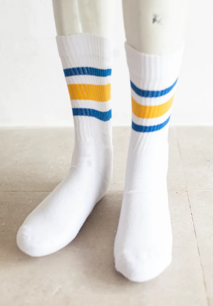 White Socks with Yellow and Blue Stripes
