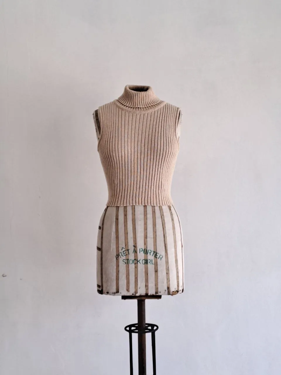 Beige Cropped Sleeveless Turtleneck