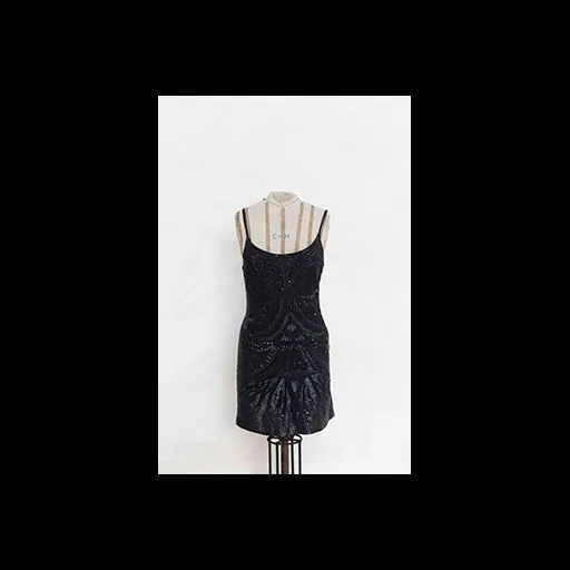 Black Slip Dress with Embroidered Lace and Floral Motif