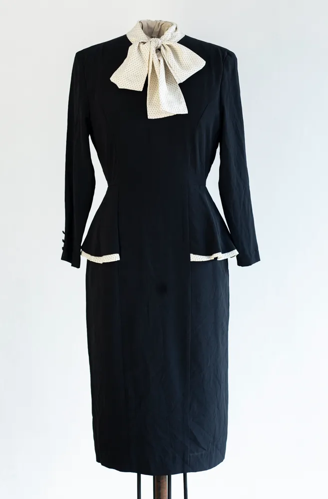 1930s Navy and Cream Vintage Dress with Bow