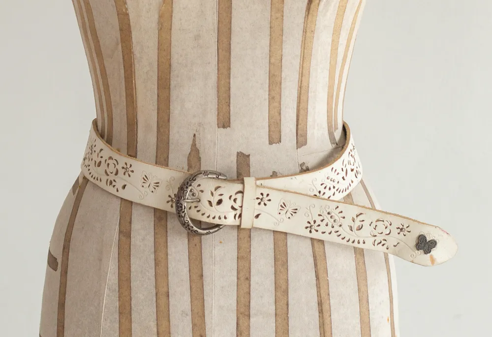 White Leather Belt with Floral Cutout Pattern
