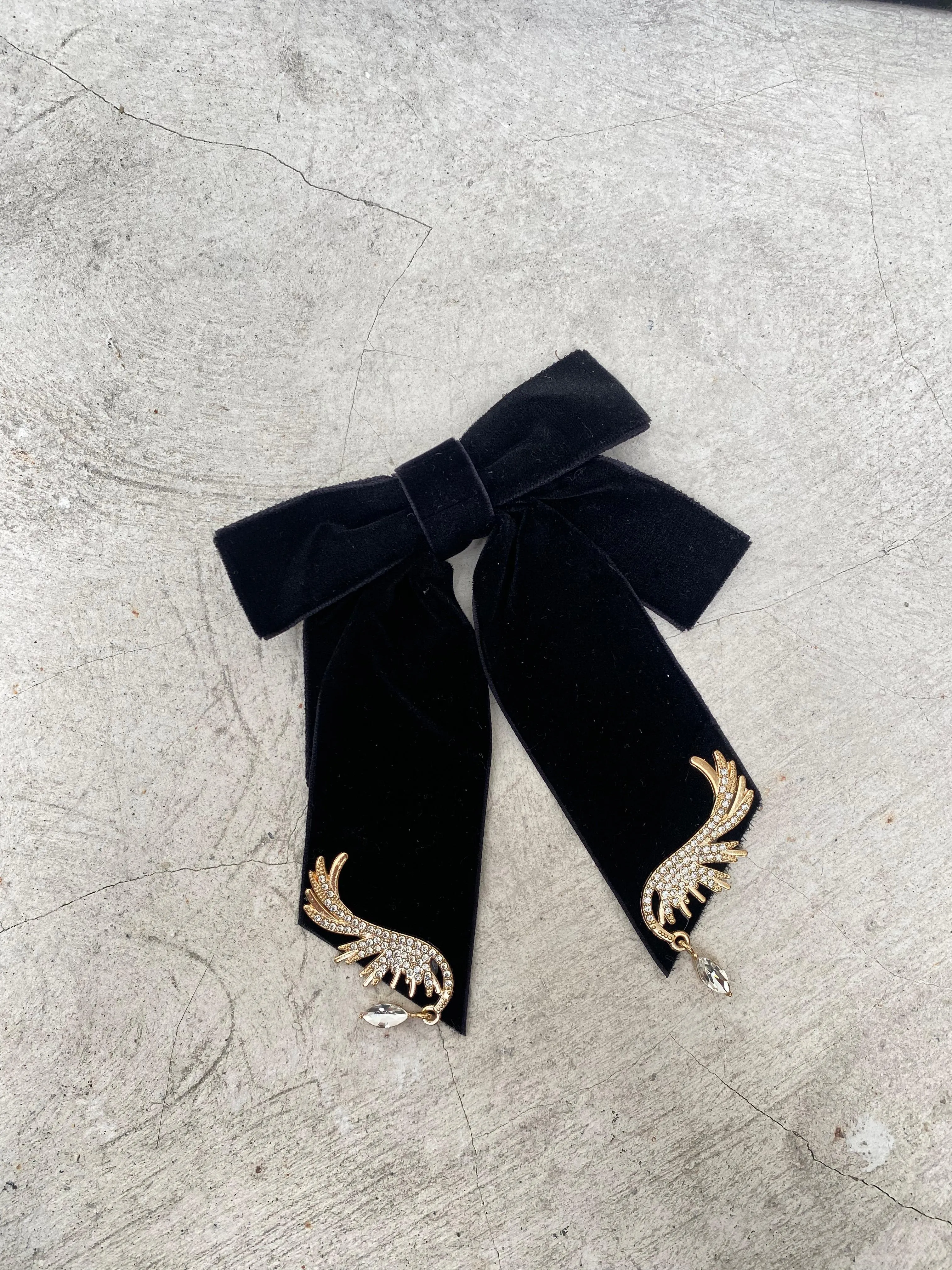 Black Velvet Bow Brooch with Diamonds Drop 
