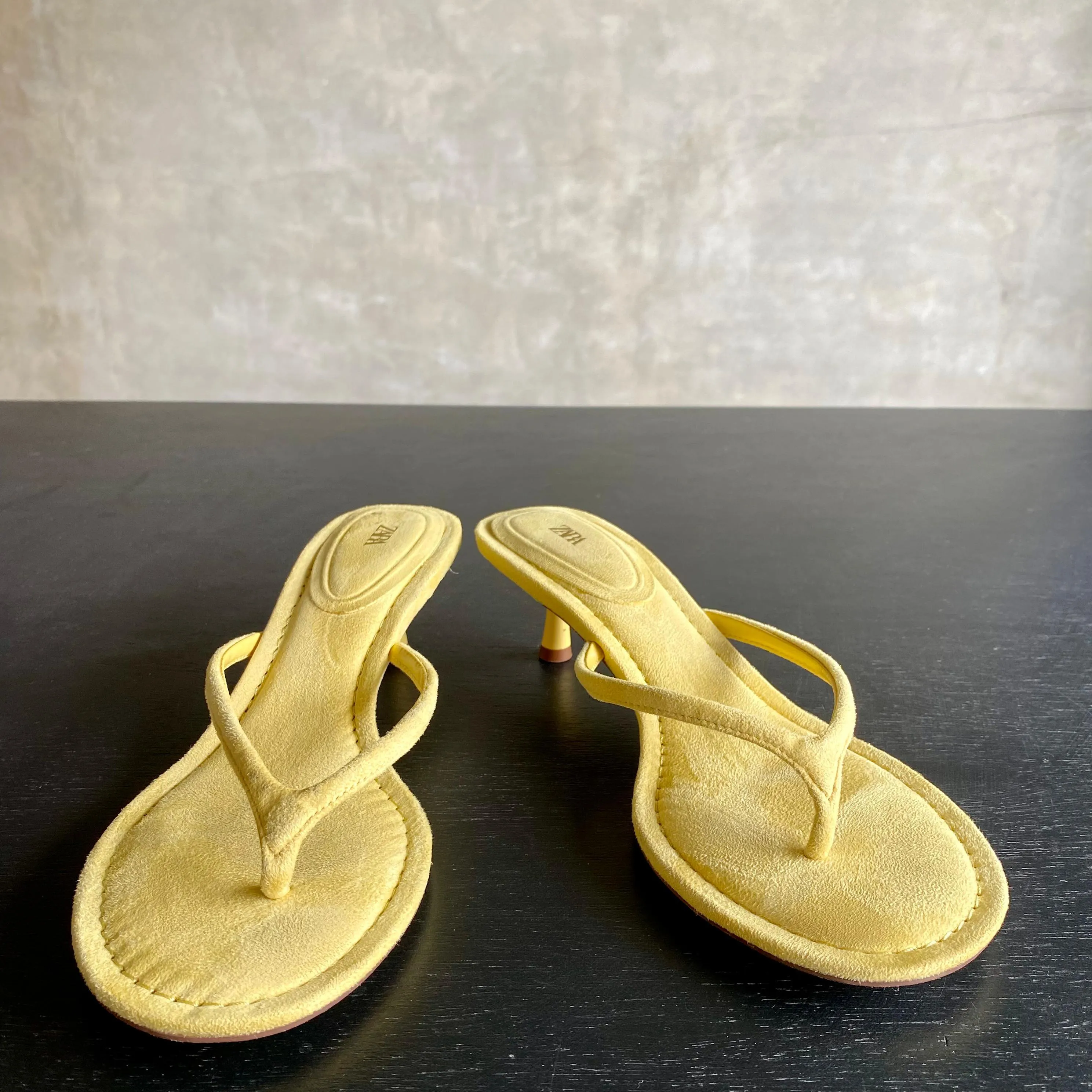Suede Yellow Kitten Toe Thong Heels