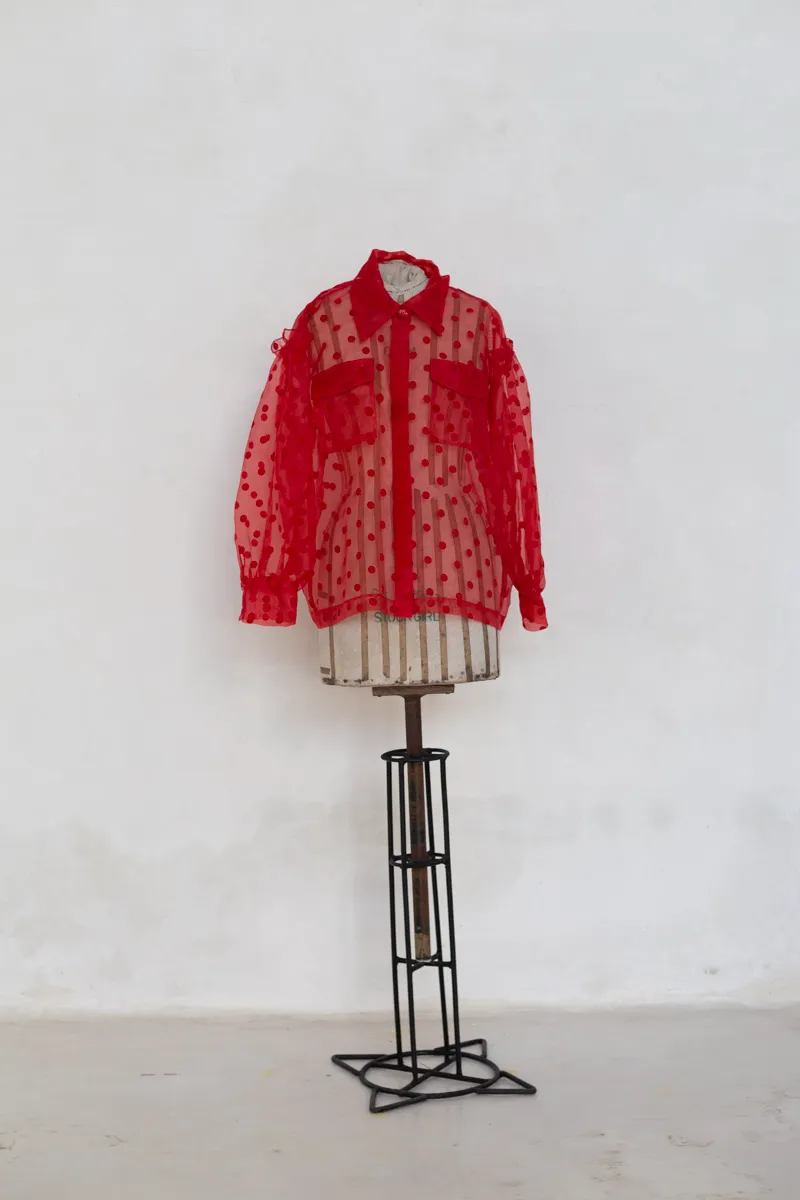  Sheer Red Polkadot Shirt