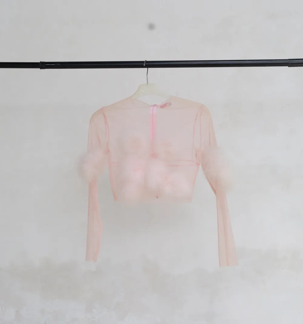 Pink Lace Top with Marabou Inserts