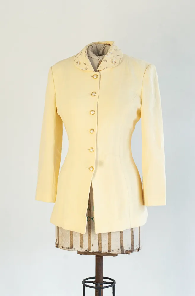 Pale Yellow Vintage Jacket with Floral Collar