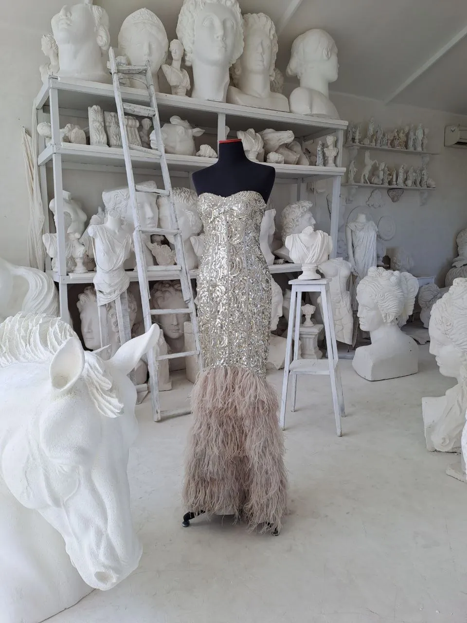 Sequin Maxi Dress with Feathers