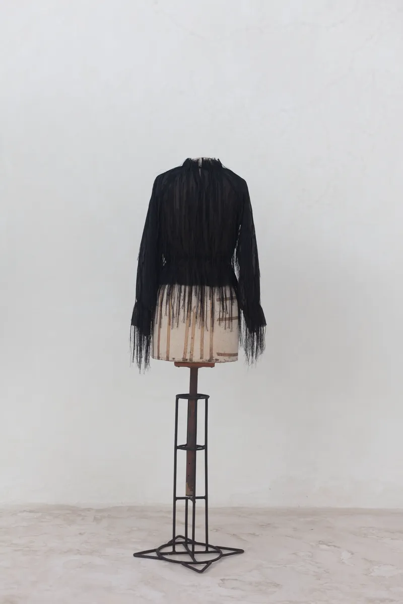  Black Top with Shredded Fabric Details