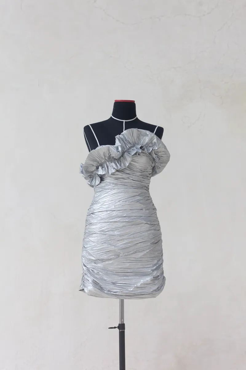 Silver Strapless Ruched Mini Dress 