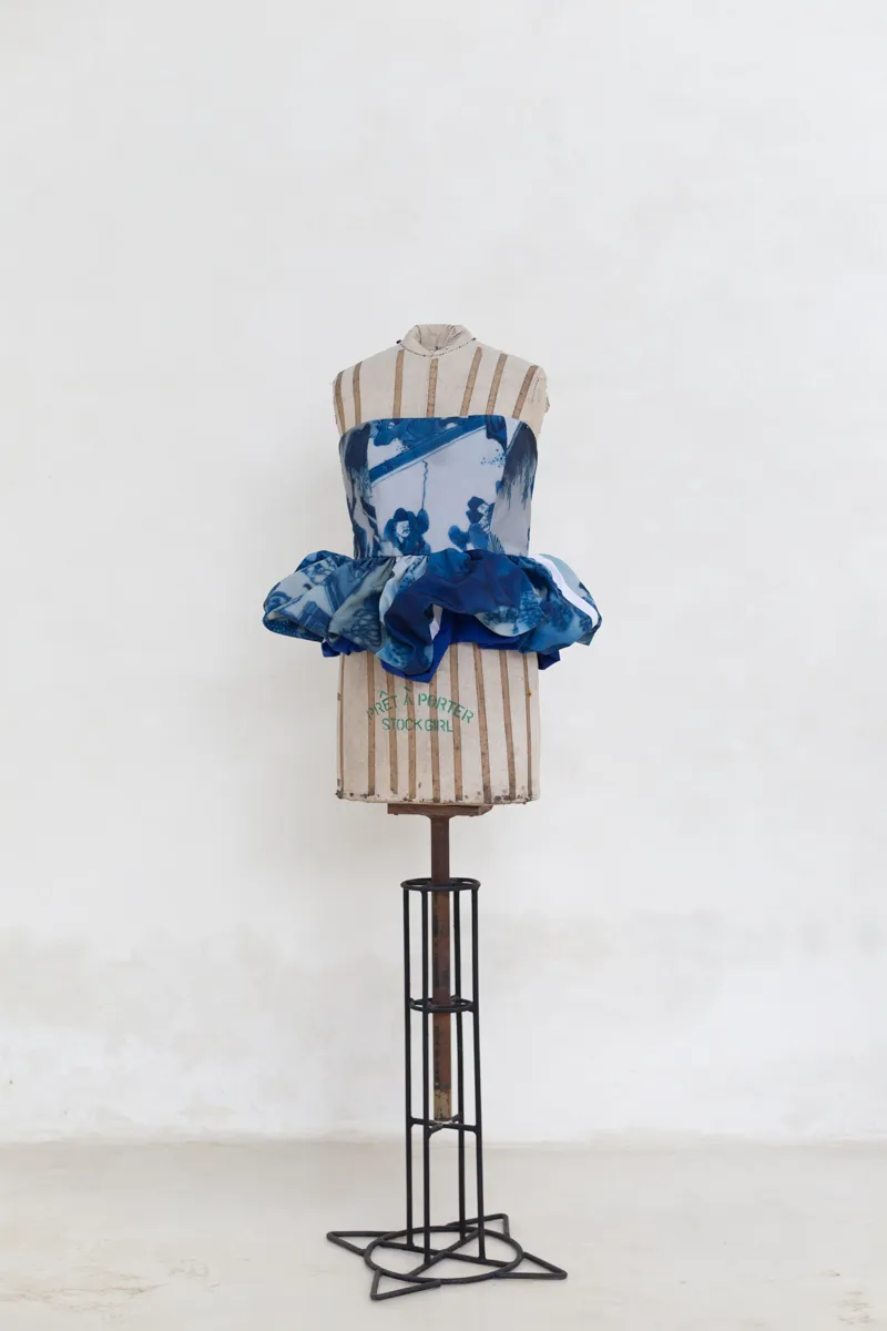 Blue and White Print Strapless Top with Ruffle