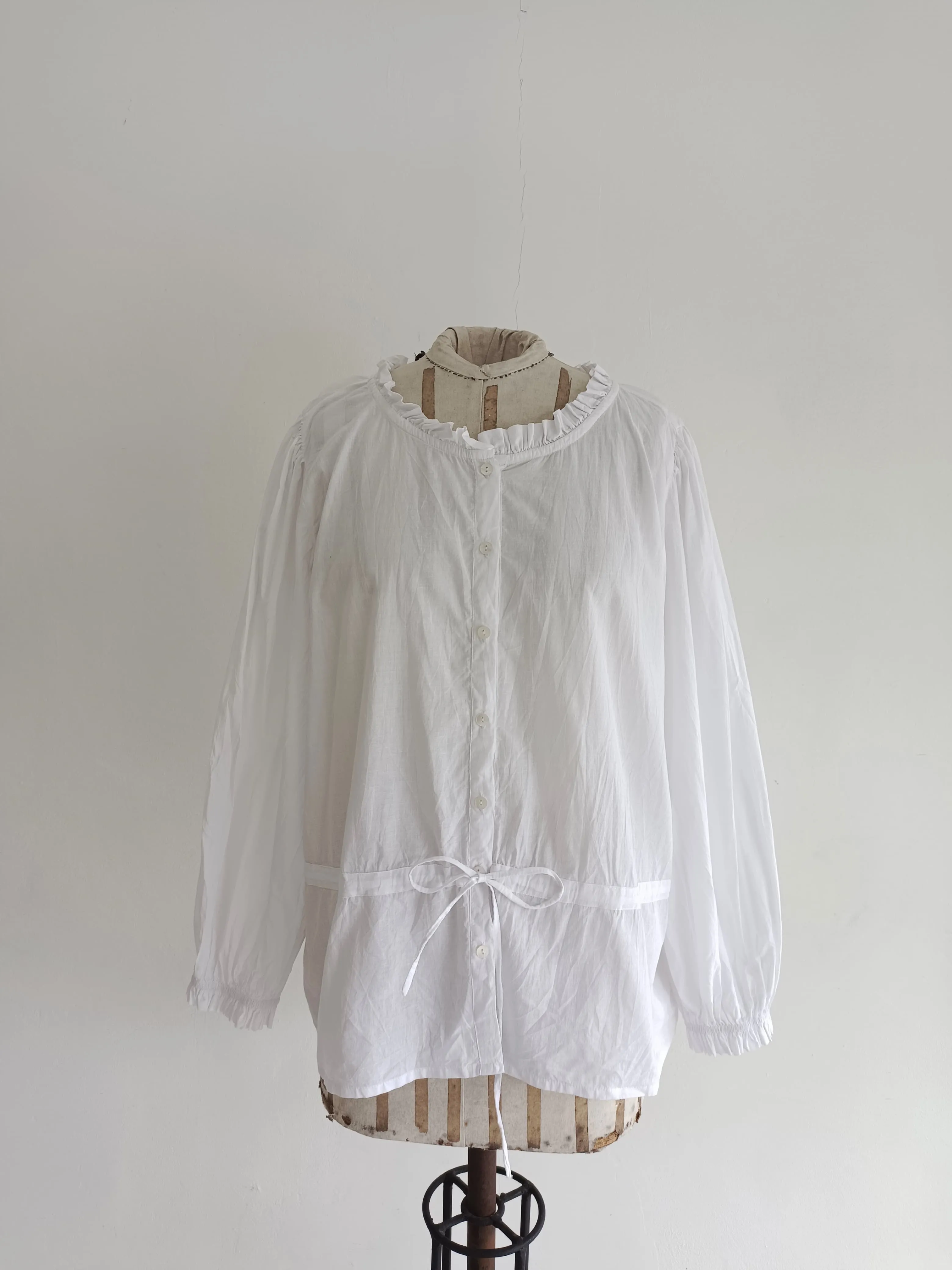 White Cotton Blouse with Ruffle Neck