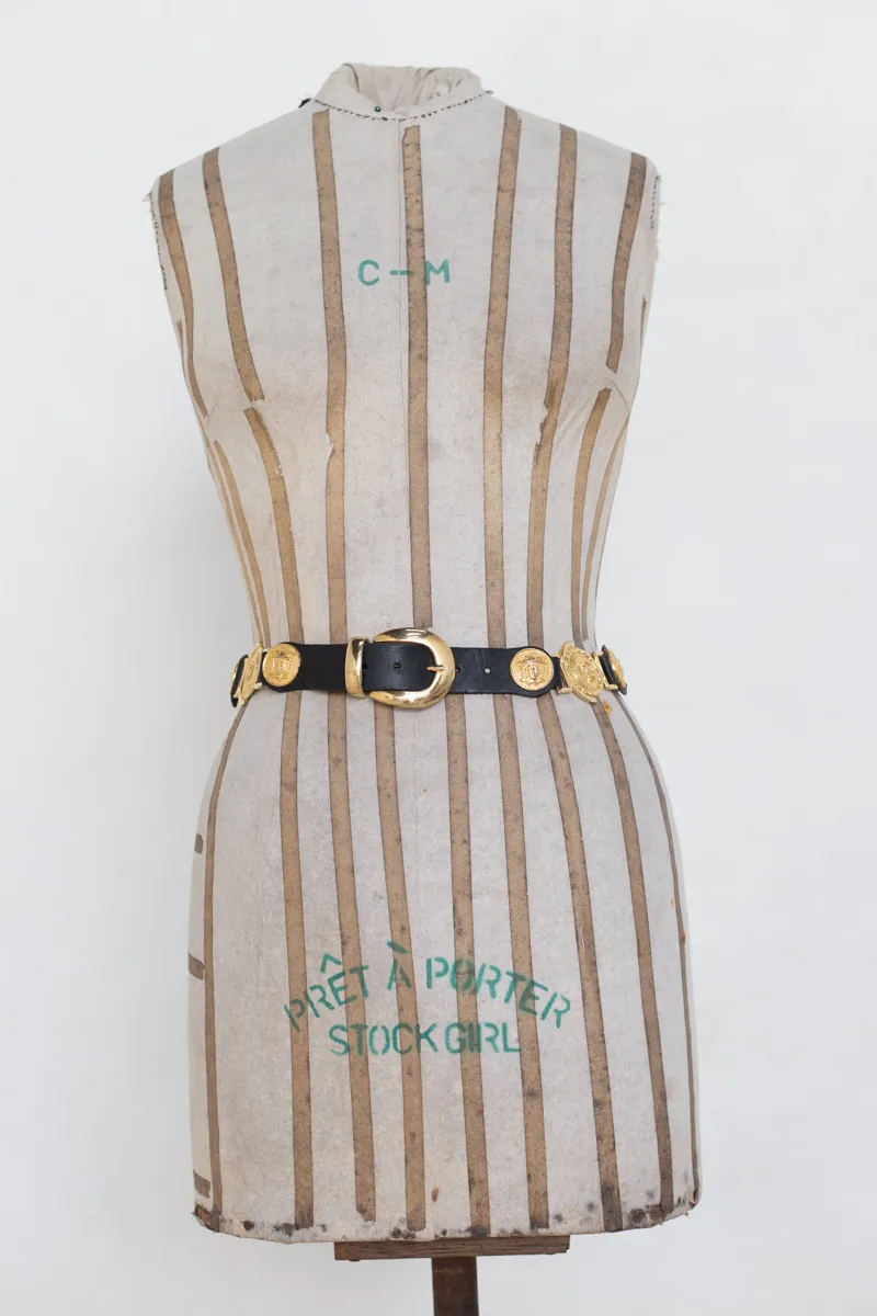 Black Leather Belt With Gold Buckle and Inserts