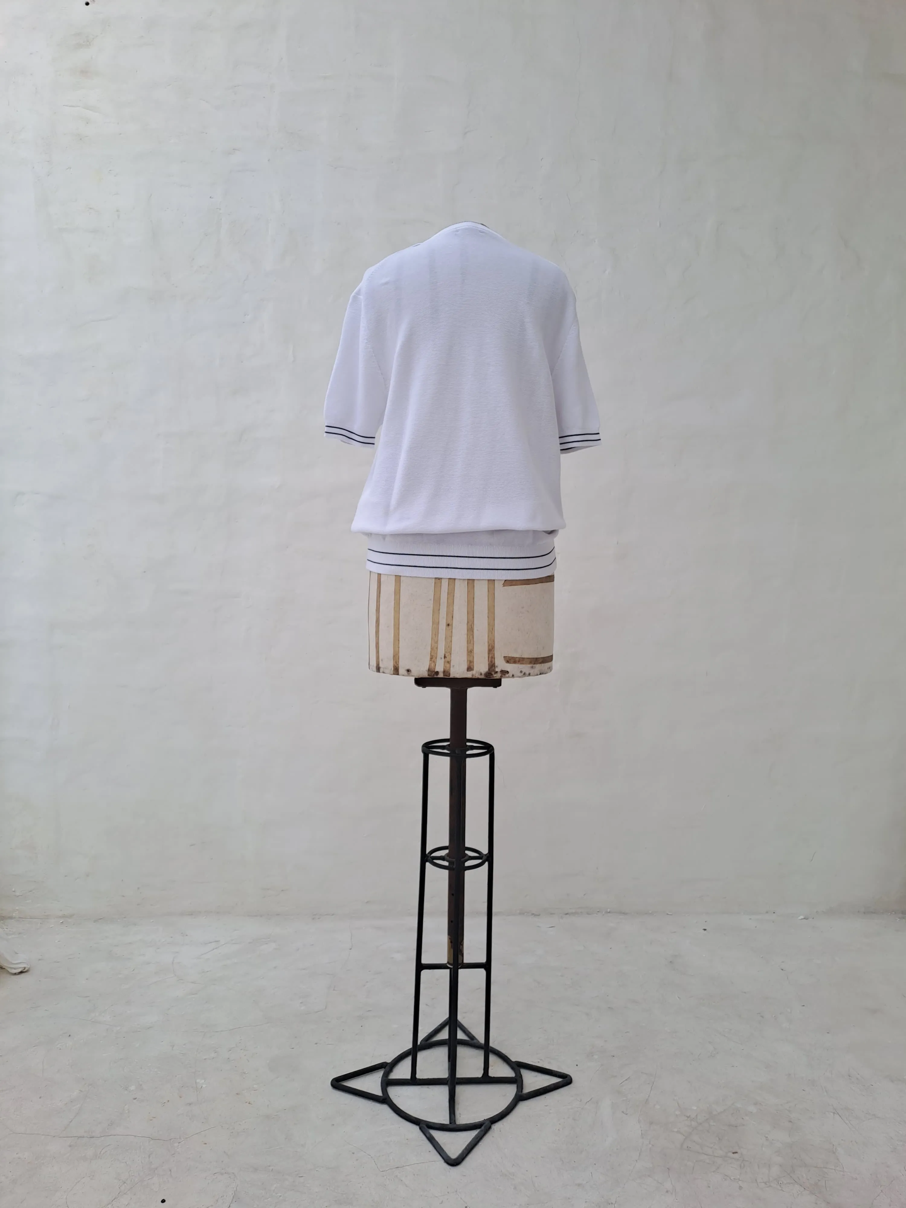 Dan John Men's White Crew Neck Knit with Black Striped